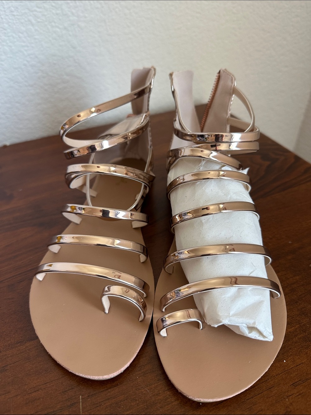 Qupid Metallic Rose Gold Multi-Strap Gladiator Sandals